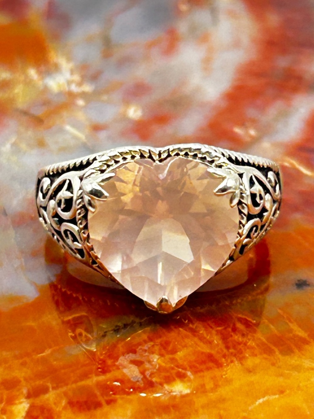 Sterling Silver Rose Quartz heart Ring - Size 9